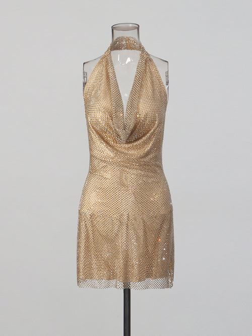 Lady's glittering diamond-studded V-neck backless short dress with d�colletage